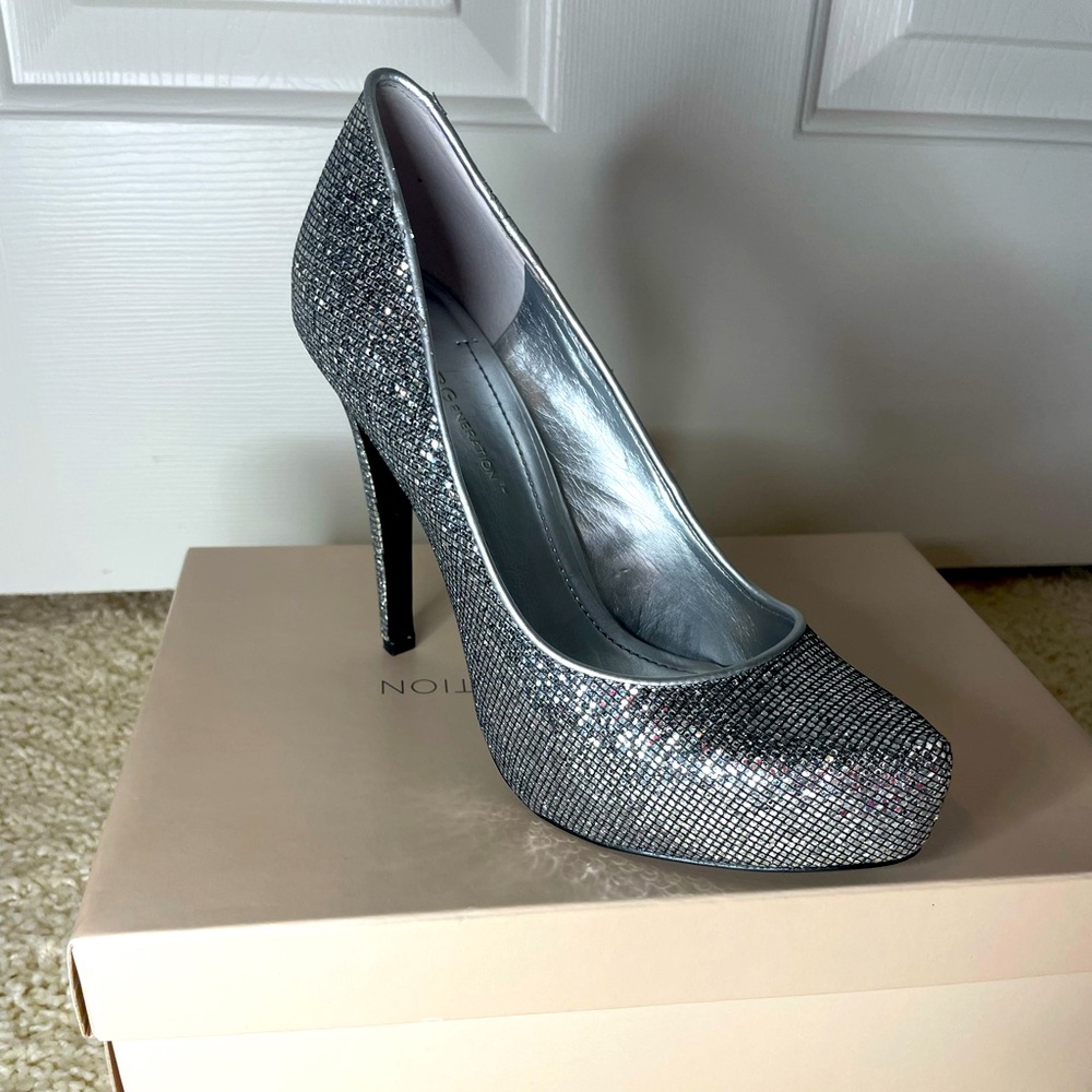 BCBG silver platform pumps
